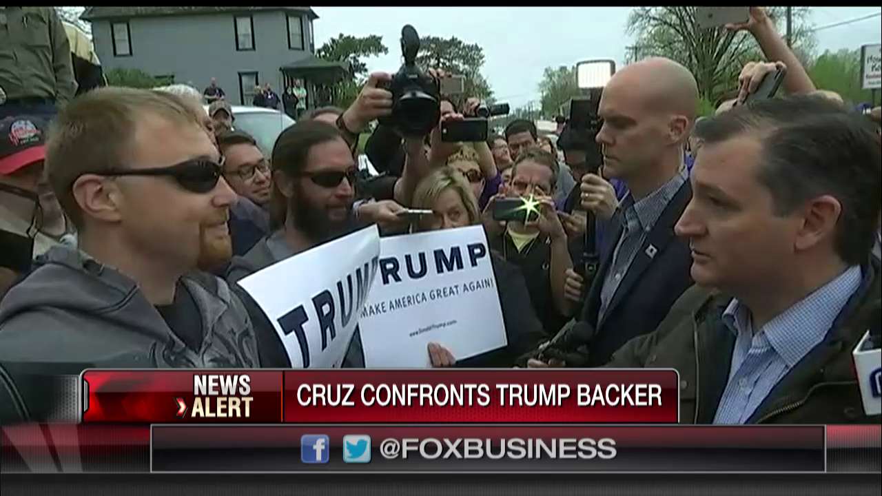 Senator Ted Cruz (R-TX) confronts a Donald Trump supporter outside of an Indiana restaurant.