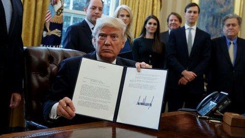 President Donald Trump signs executive orders that will renegotiate the terms of the Keystone XL and Dakota Access pipelines.