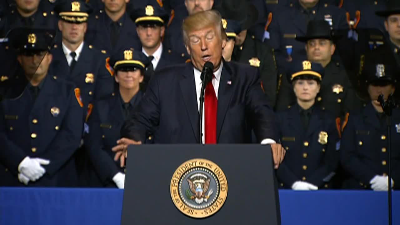 President Trump comments on Gen. Kelly at a speech in Brentwood, NY.