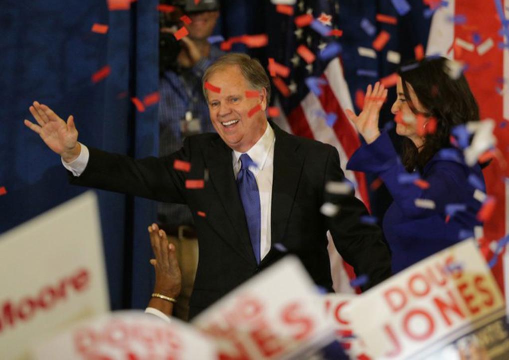 Democrat Doug Jones speaks to crowd after winning the Alabama special election.