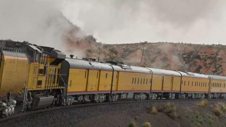 FBN's Jeff Flock on the Union Pacific train commemorating the 150th anniversary of the transcontinental railroad.
