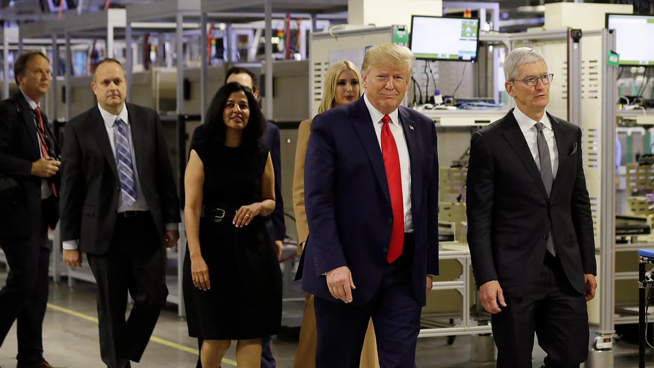 President Trump speaks to the press from an Apple manufacturing plant in Austin, Texas, about ongoing U.S.-China trade talks. 