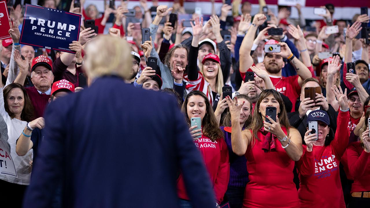 President Trump touts job numbers and his administrations’ trade deals while speaking to supporters at a ‘Keep America Great’ rally in Milwaukee, Wisconsin. 