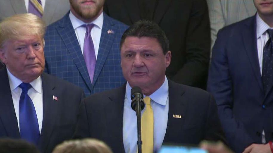 LSU Tigers head coach Ed Orgeron speaks at the White House following his team's national championship victory.