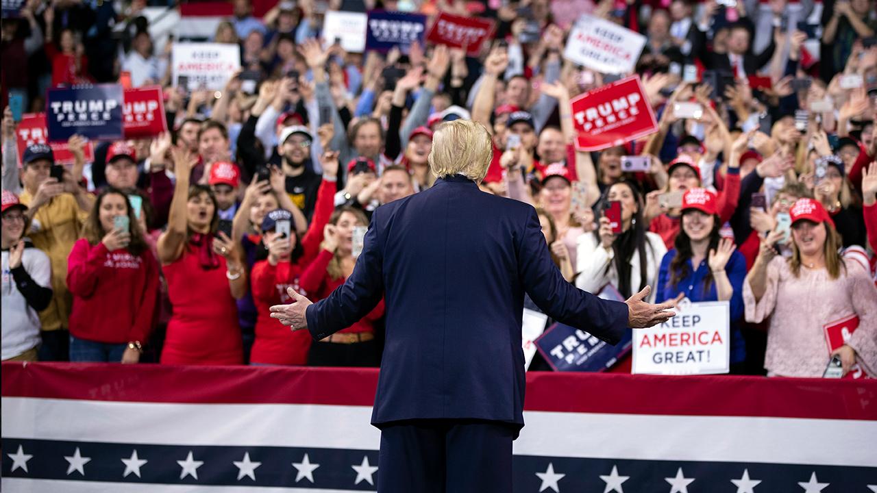 President Trump discusses local and U.S. employment rates while speaking to supporters at a ‘Keep America Great’ rally in Wildwood, New Jersey.  