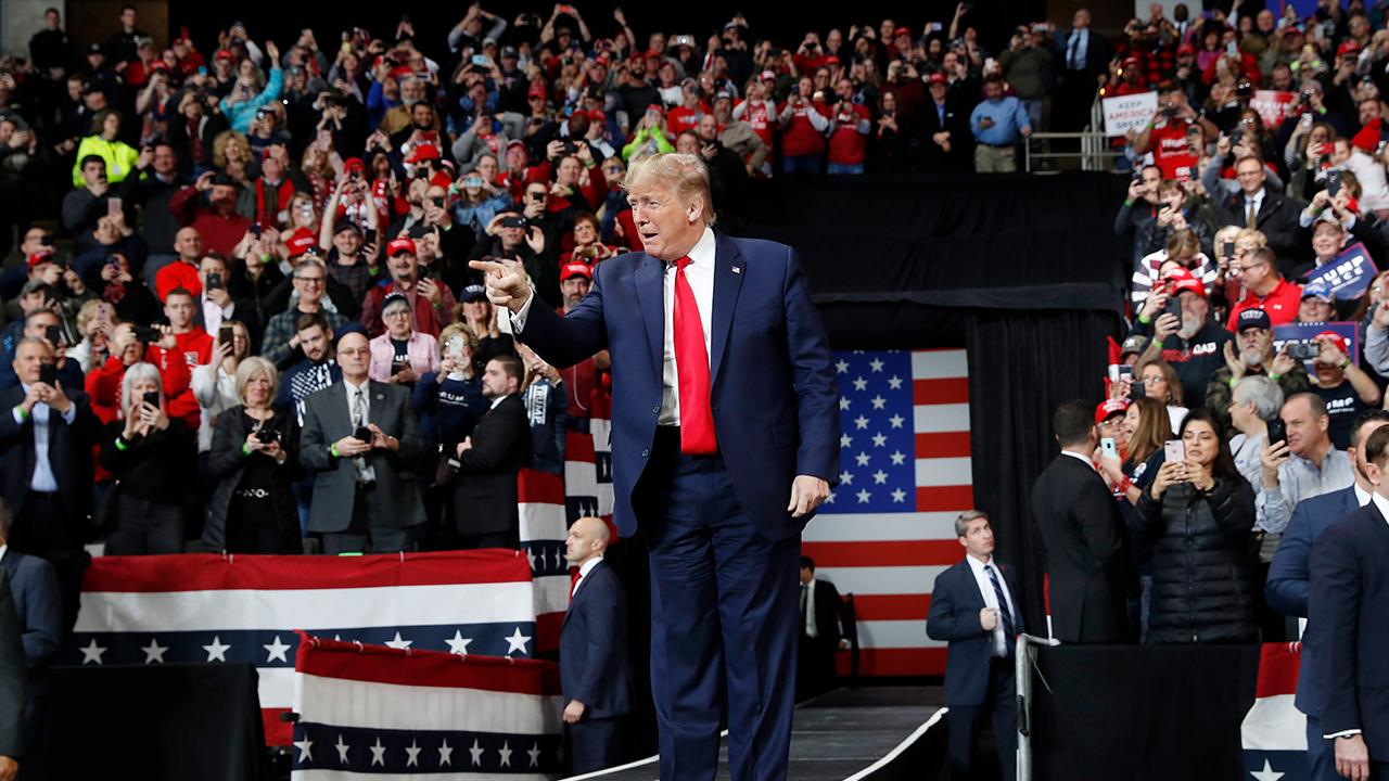 President Trump talks about stocks, jobs and 401(k)s while speaking to supporters at a ‘Keep America Great’ rally in Toledo, Ohio. 