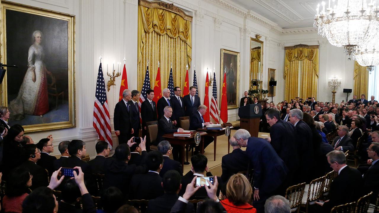 President Trump thanks business leaders and CEOs of major companies, such as UPS, Boeing and Mastercard at the White House for the signing of the U.S.-China trade deal. 