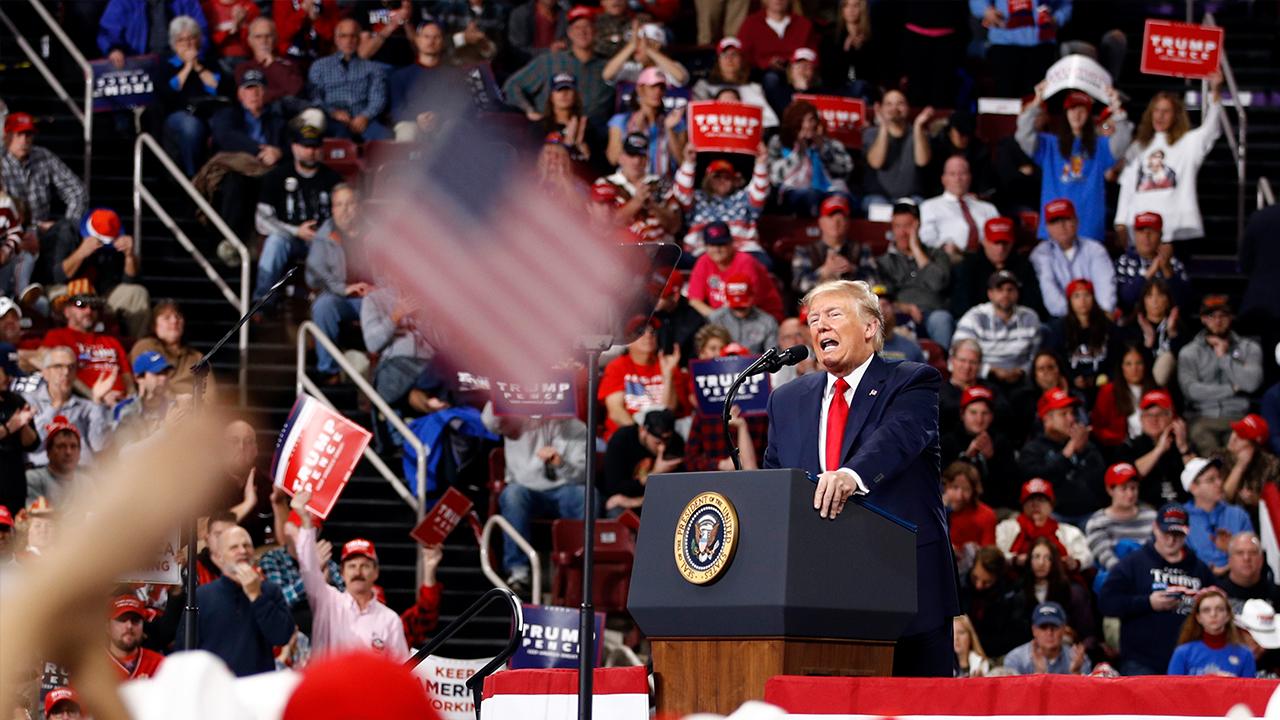 President Trump speaks about rebuilding the U.S. military during a ‘Keep America Great’ rally in Des Moines, Iowa. 