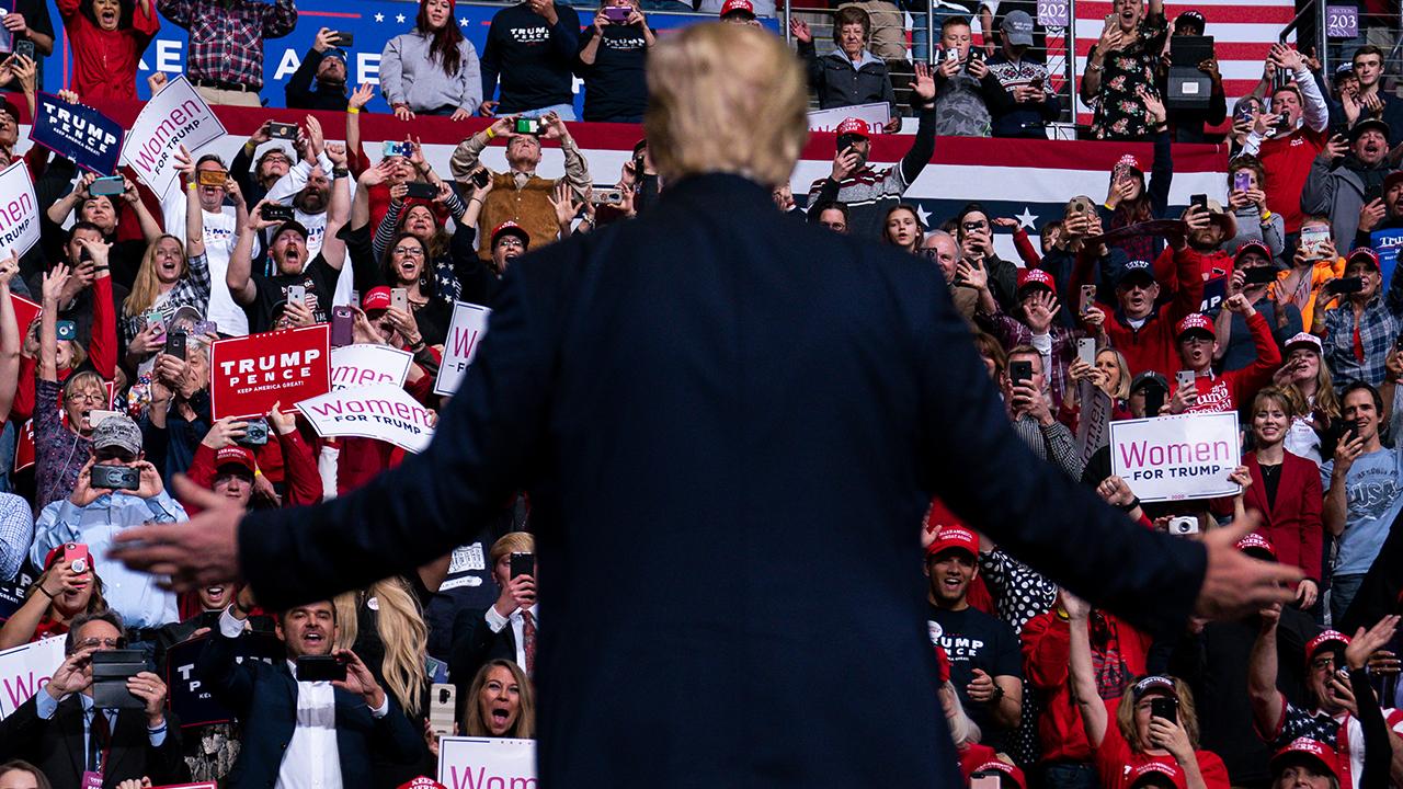 President Trump talks to the crowd about unemployment rates, home ownership, welfare and Opportunity Zones while speaking at a ‘Keep America Great’ rally in Colorado Springs, Colorado. 