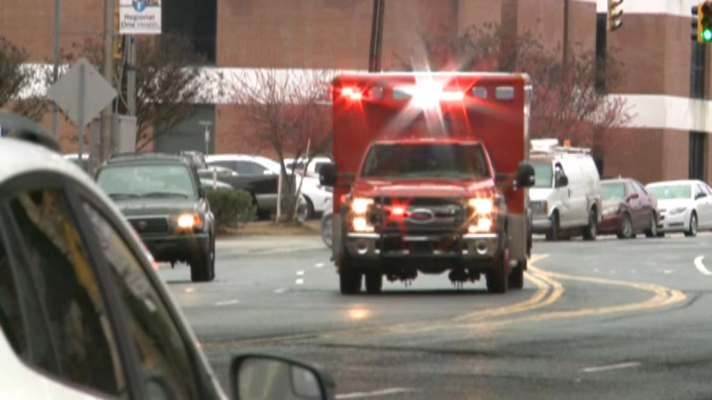 An ambulance arrives at Regional One Health Medical Center in Memphis where the victims of the Walmart shooting in Forrest City, Arkansas are reportedly being taken. 