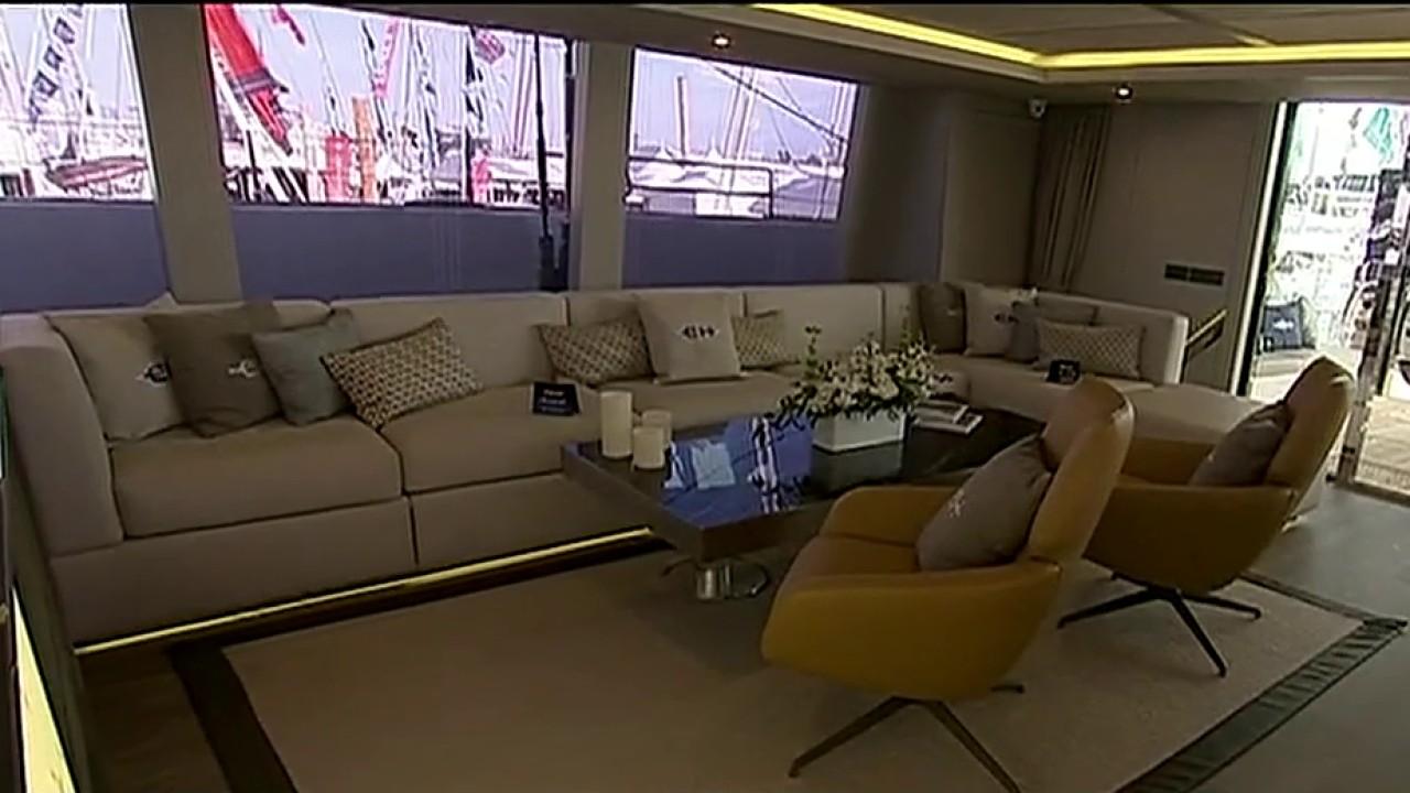 FOX Business’ Cheryl Casone tours a luxury catamaran at the International Boat Show in Miami.