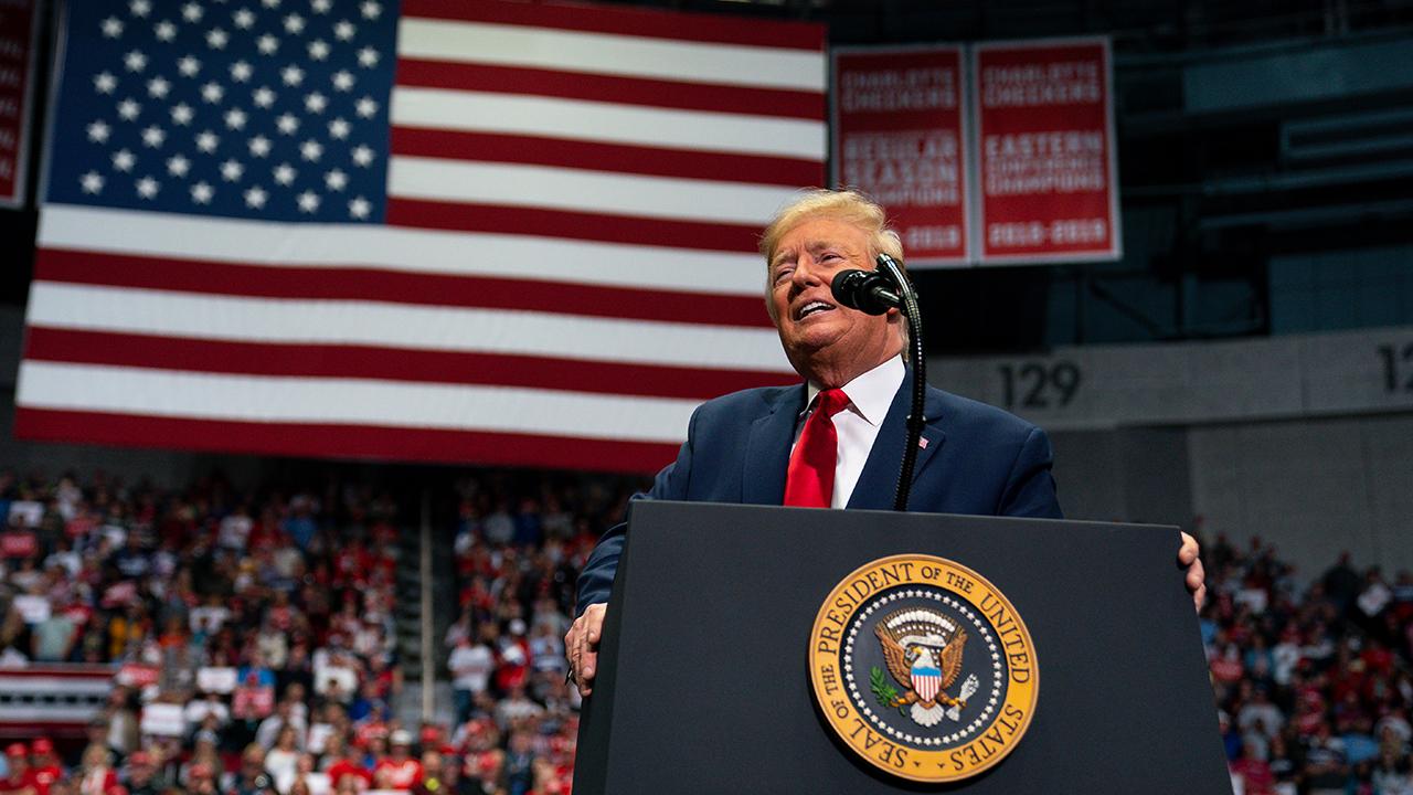 President Trump celebrates stock market gains while speaking to supporters at a ‘Keep America Great’ rally in Charlotte, N.C. 