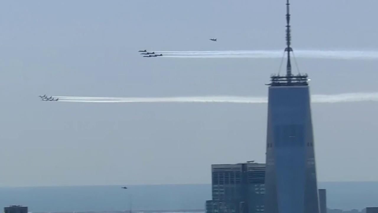 Thunderbirds and Blue Angels U.S. flight squadrons salute coronavirus first responders with honorary flyovers in New York, New Jersey and Pennsylvania.