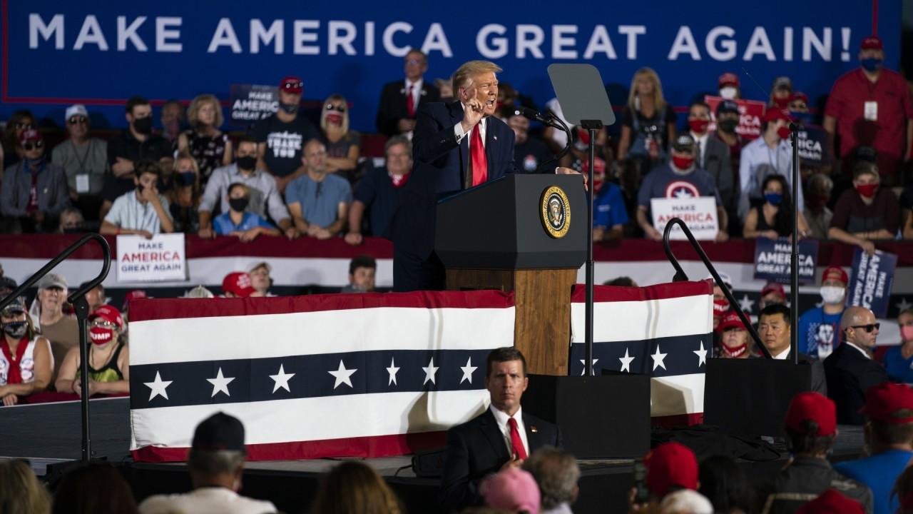 President Trump while speaking at a campaign event at Manchester-Boston regional airport praises the economic recovery after coronavirus, including the record-breaking stock market, the Paycheck Protection Program, and his economic plans for his second term.